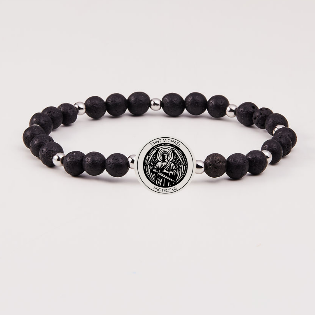 Holy Water Men's Saint Michael Bracelet In Lava Rock | Lourdes Holy Water Men's Saint Michael Bracelet In Lava Rock | Lourdes